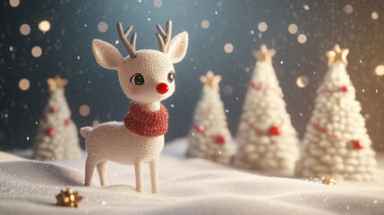 Cartoon reindeer with a red nose in a scarf in a snowy festive forest