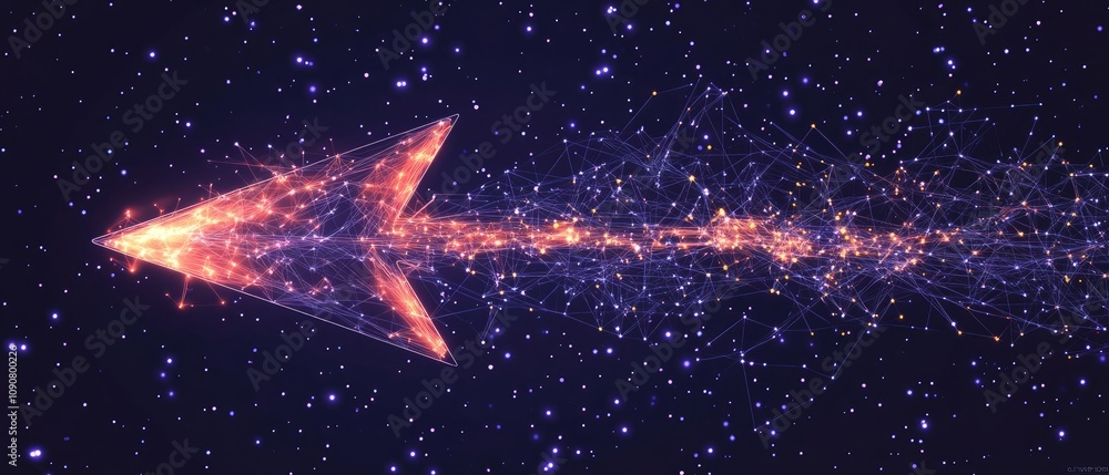 Poster glowing arrow of light and particles in space.