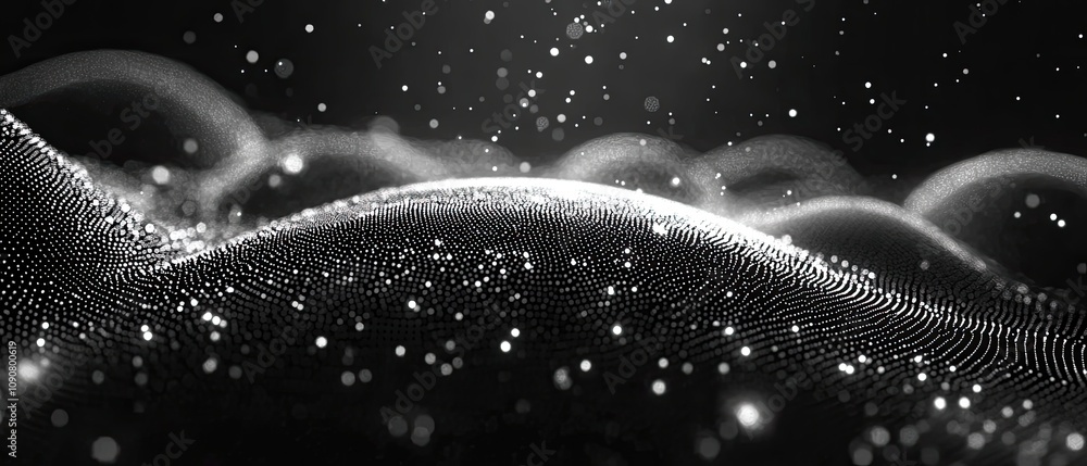 Poster abstract grayscale particle wave background.