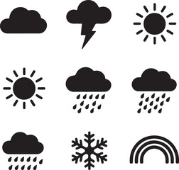 Fototapeta premium Collection of basic weather icon set vector in solid black silhouette against a white background.