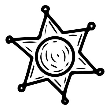 recommend clip art: Sheriff badge hand drawn doodle. Metallic star of police chief. Retro symbol of law enforcement. Sign of authority. Wild west. Western. Vector line art illustration.