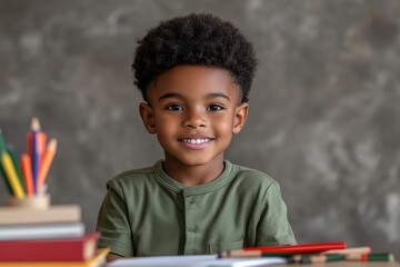 Fototapeta premium Young, happy student smiles confidently while sitting at their desk, surrounded by colorful pencils and books, ready for a productive learning session
