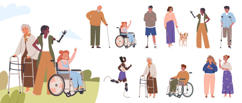 Set of disabled diversity people together. Collection inclusive people vector cartoon illustration in a flat style. World disability day. Man in a wheelchair, blind, people with prosthesis, canes.