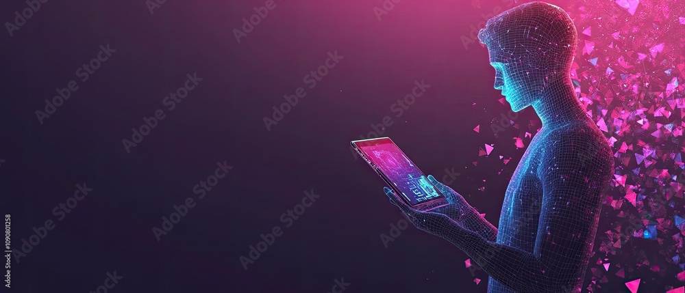 Aufkleber futuristic person using tablet displaying data.