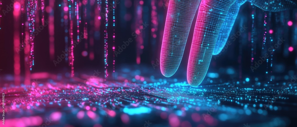 Poster digital hand interacting with glowing data streams.