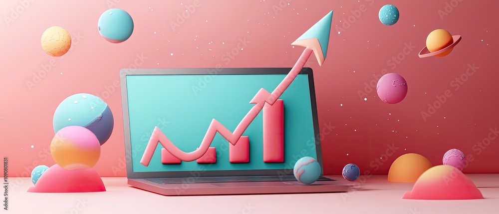 Poster laptop screen displaying upward trending graph with pastel planets and arrow.