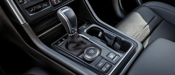 Naklejka premium Modern car interior detail gear shift, controls, and console.