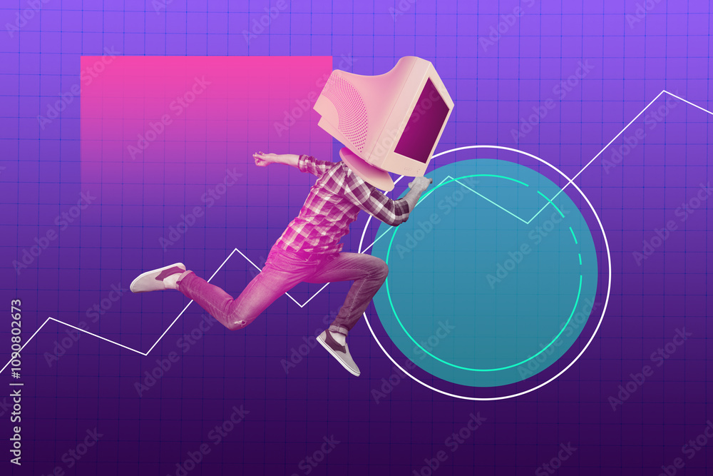 Poster trend template sketch design 3d photo collage of graphics stats cyber space young guy anonymous hack