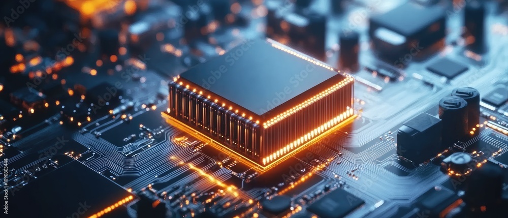 Poster close-up of a glowing cpu on a circuit board.