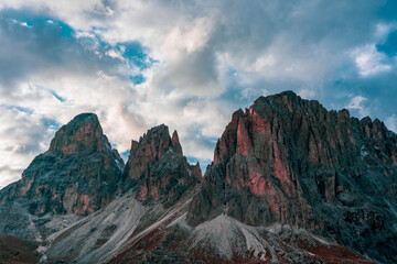 Panoramic view of the Val Gardena Dolomites in Italy.
