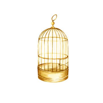 recommend clip art: watercolor golden vintage bird cage, hand drawn antique metal gold birdcage, illustration of empty cage for bird pet isolated on white background