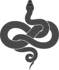 Vector illustration of snake curled up in shape of infinity sign. Isolated tattoo design of black serpent silhouette of figure eight knot symbol.