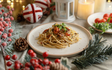 Festive pasta dish surrounded by Christmas decorations, capturing holiday vibes with lights, ornaments, and a cozy festive setting. Perfect for themes like Christmas food, holiday celebrations.