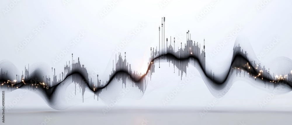 Poster abstract flowing waveform with data peaks and valleys.