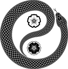 Vector tattoo design of snake curled up in shape of Yin Yang symbol. Isolated black serpent silhouette showing taijitu sign of balance and harmony.