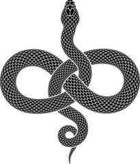 Vector illustration of snake knotted in shape of infinity sign. Isolated tattoo design of black serpent silhouette of endless symbol.