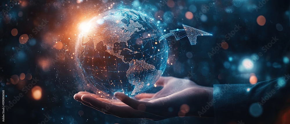 Poster global network connection in hands.