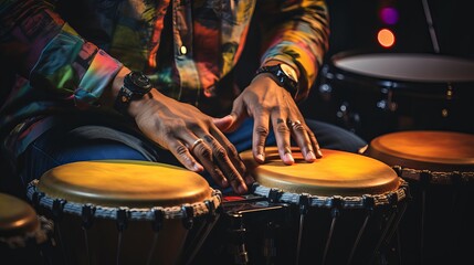 Obraz premium Vibrant rhythms emerge from skilled hands during an evening music session. Generative AI