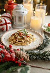 Festive pasta dish surrounded by Christmas decorations, capturing holiday vibes with lights, ornaments, and a cozy festive setting. Perfect for themes like Christmas food, holiday celebrations.