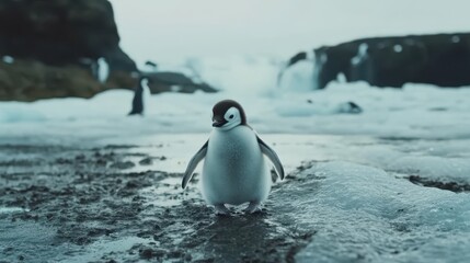 Fototapeta premium A baby penguin waddling awkwardly across icy terrain.