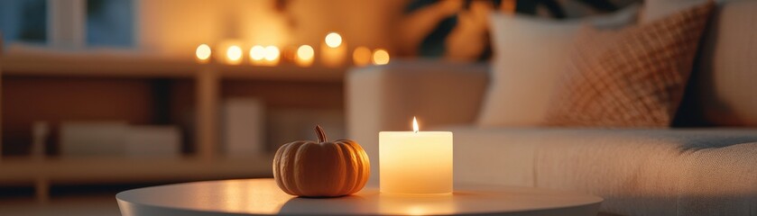 A cozy, warmly lit living space featuring a candle, a small pumpkin, and softly glowing lights, creating a relaxing autumn atmosphere.
