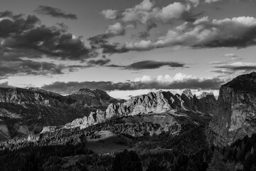 Panoramic view of the Val Gardena Dolomites in Italy.