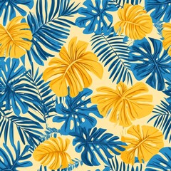 Fototapeta premium Seamless Pattern, Yellow And Blue Tropical Leaves On Light Yellow Background, Summer Design