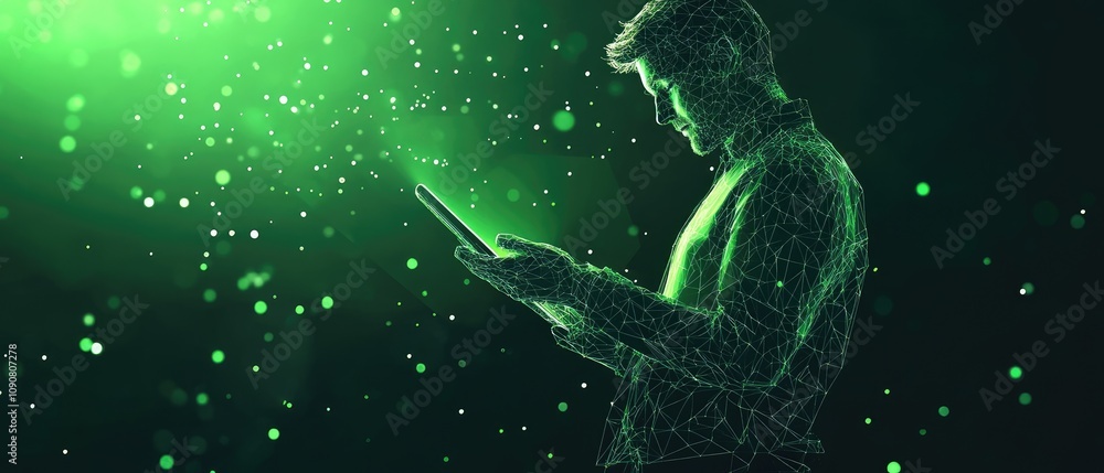 Aufkleber man using tablet, digital data flow.