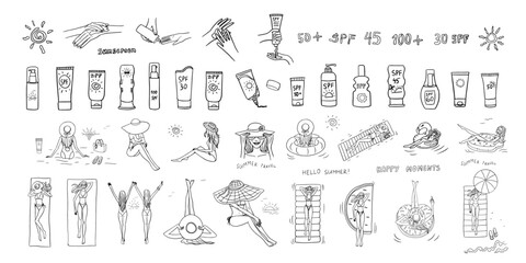 Fototapeta premium Large set of summer time theme elements. Sunscreen, Cream spf. Girl in a swimsuit and girl on the beach. Woman in a wicker hat. Girlfriends. Beach bag, flip flops. Travel design. Adventure. Hand drawn