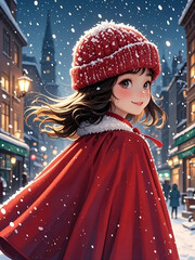 Obraz premium A girl in a red cloak and a red woolen hat looks back and smiles on the snowy street, Thanksgiving concept, Christmas concept, New Year concept, poster concept