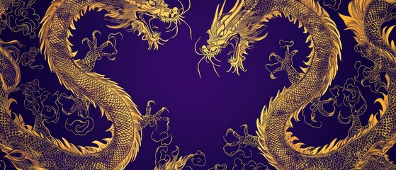 Fototapeta premium Majestic dragon motifs with intricate detailing, seamless in royal purple and gold