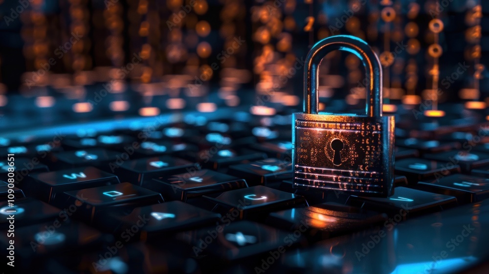 Poster cybersecurity and digital privacy concept with lock on keyboard