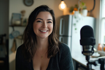 Fototapeta premium Young Woman talking on streaming record podcast interview for radio..