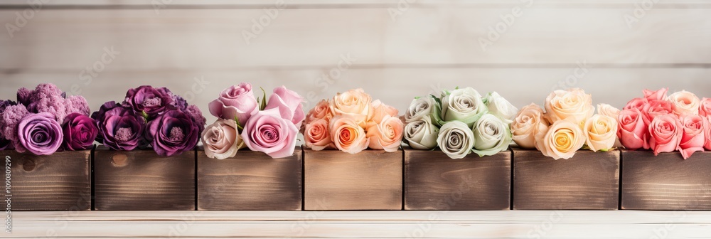 Aufkleber vibrant roses arranged in rustic wooden boxes create a delightful display. generative ai