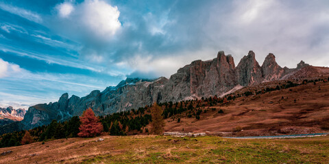 Panoramic view of the Val Gardena Dolomites in Italy.