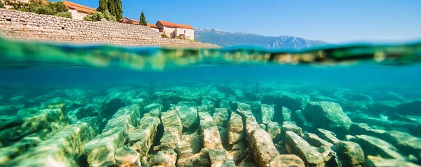The foundations of a town visible through clear waters, memories preserved beneath the surface