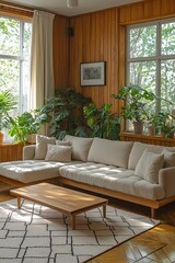 Fototapeta premium Mid century Modern interiors in the living room with wood-plate-finished walls and wood tables and sofas. Generative AI 