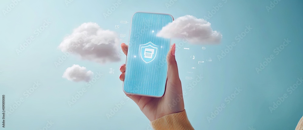 Aufkleber hand holding smartphone displaying a security shield icon with clouds in the background.