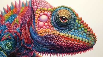 Naklejka premium Vibrant chameleon portrait, close-up view, colorful scales, reptile detail.