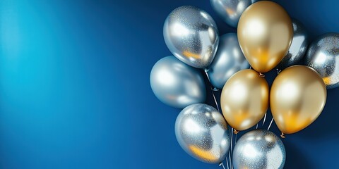 Fototapeta premium Shiny gold and silver balloons on blue backdrop