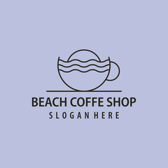 Beach Coffee Logo line art vector icon illustration Design, or Beach Cafe Coffee Shop Logo Design