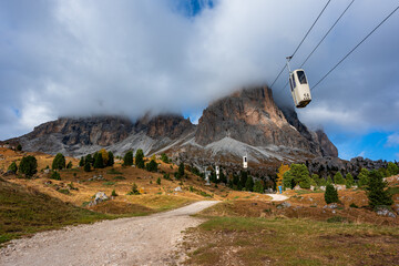 An unusual cable car to the Sasso Lungo in the Dolomites in Italy.