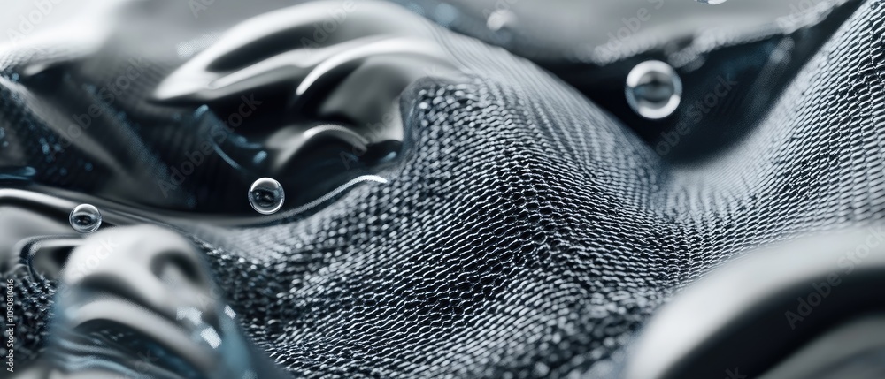 Poster abstract dark gray textured surface with glossy, fluid elements and bubbles.