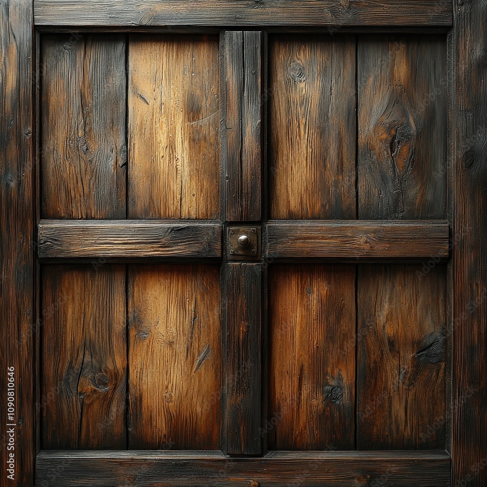 Poster a rustic wooden door with a rich texture and dark tones, creating an inviting and intriguing entrywa