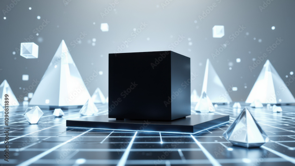 Poster a futuristic digital scene featuring a central black box representing ai with glowing geometric shap