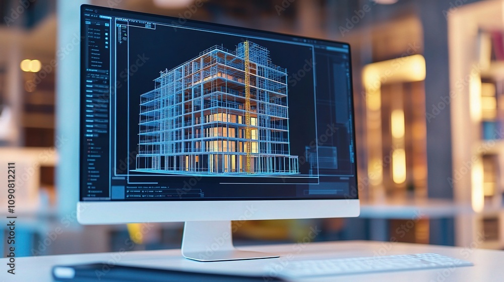 Poster Detailed View of Architectural CAD Software Interface Displaying a Vibrant 3D Model of a Complex Building with Standard Scaling Options in an Office Environment