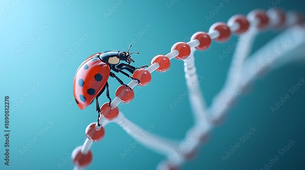 Poster ladybug crawling on dna helix with colorful background