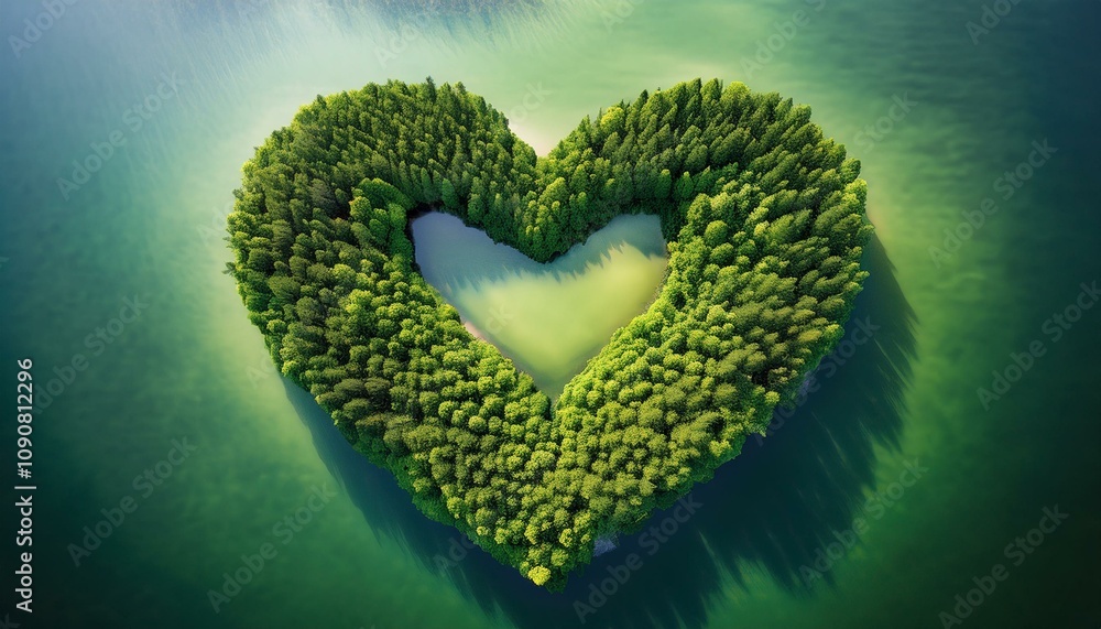 Canvas Prints Heart-shaped island, lush green trees, tranquil lake. Nature's masterpiece!