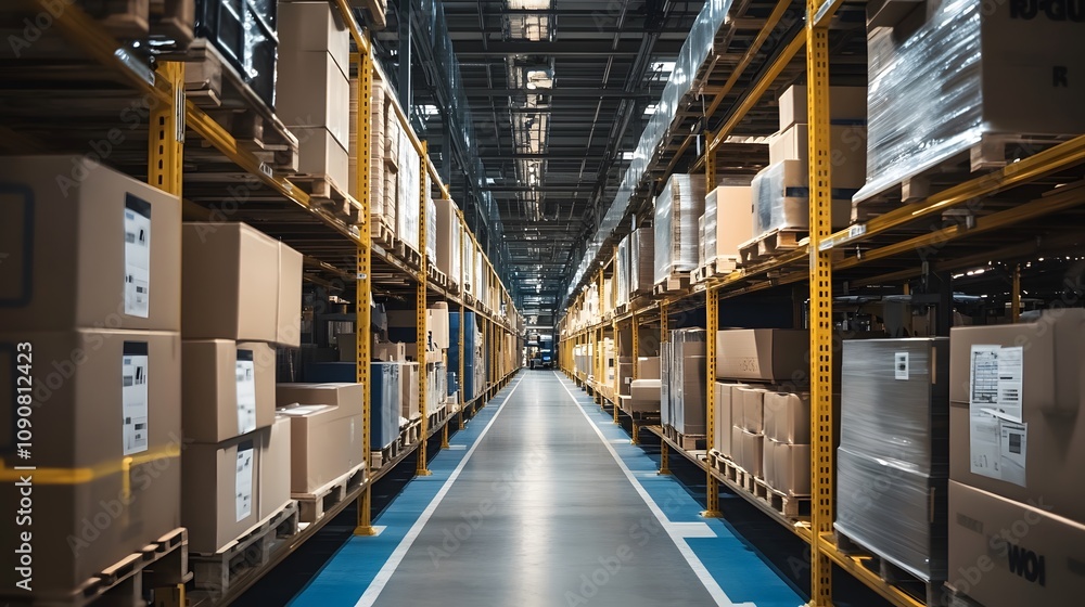 Poster a large warehouse with many boxes on the shelves. the boxes are stacked in rows and are of different
