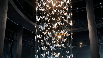 Cascading Butterfly Chandelier Installation with Warm Lights in a Modern Space